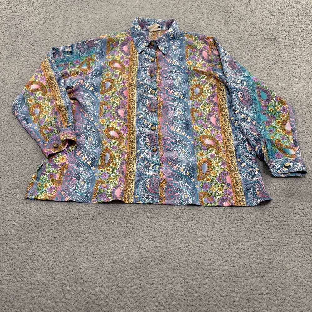 Vintage BonWorth Paisley Floral Button Down Blouse Large Multi Color Long Sleeve